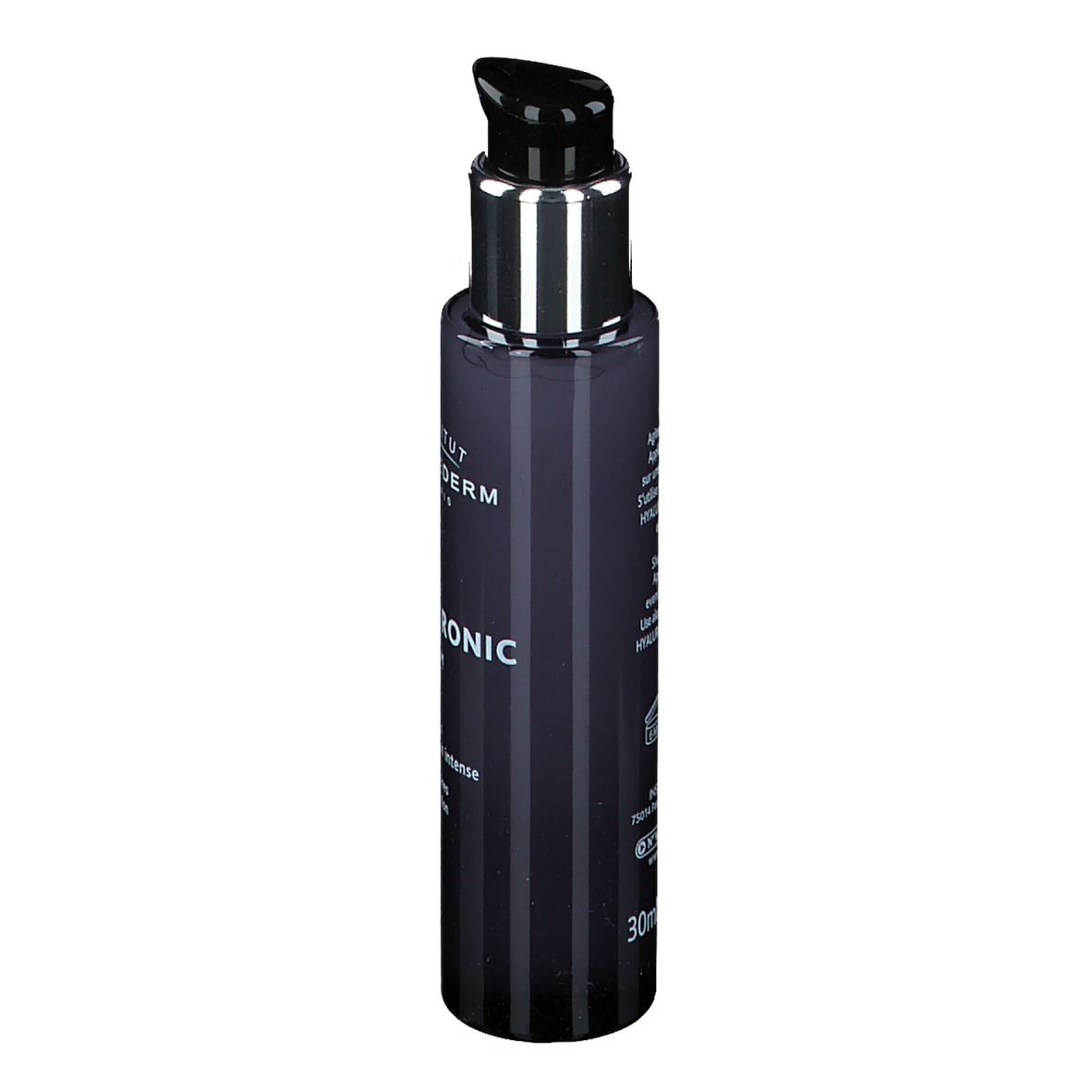 Flacone di siero blu scuro con erogatore argentato. Scritta: INSTITUT ESTHEDERM, INTENSIVE HYALURONIC SERUM.