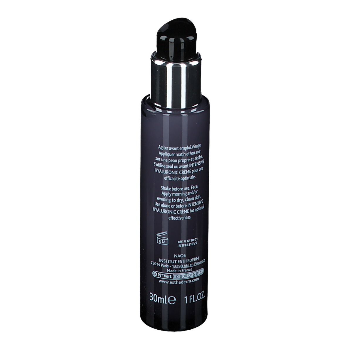 Flacone di siero blu scuro con erogatore argentato. Scritta: INSTITUT ESTHEDERM, INTENSIVE HYALURONIC SERUM.