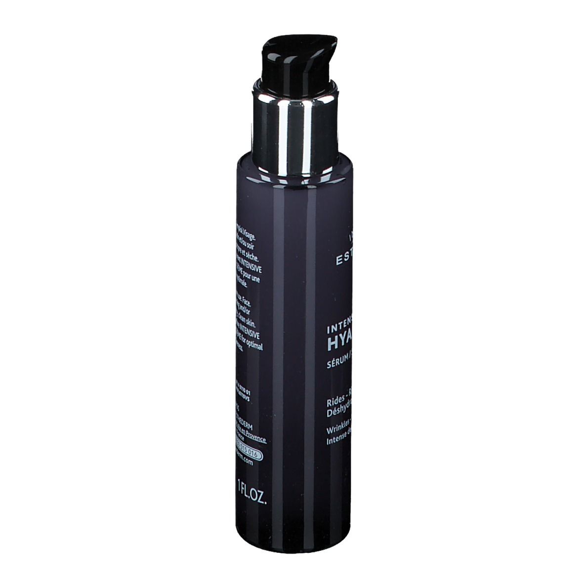Flacone di siero blu scuro con erogatore argentato. Scritta: INSTITUT ESTHEDERM, INTENSIVE HYALURONIC SERUM.