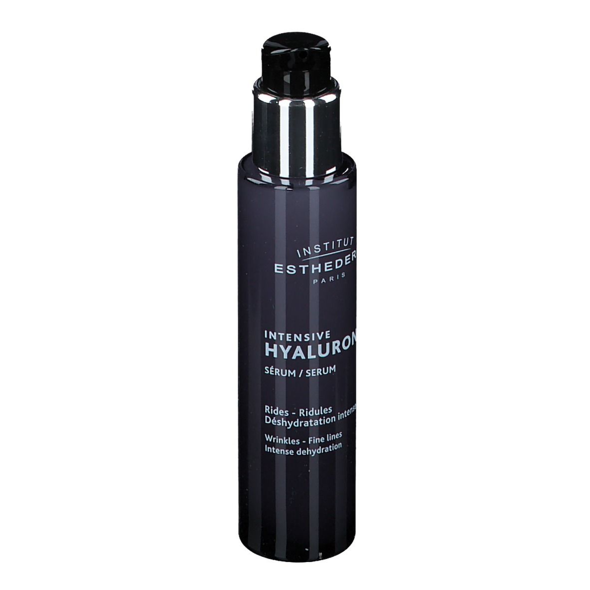 Flacone di siero blu scuro con erogatore argentato. Scritta: INSTITUT ESTHEDERM, INTENSIVE HYALURONIC SERUM.