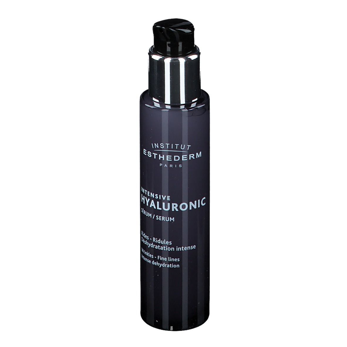 Flacone di siero blu scuro con erogatore argentato. Scritta: INSTITUT ESTHEDERM, INTENSIVE HYALURONIC SERUM.