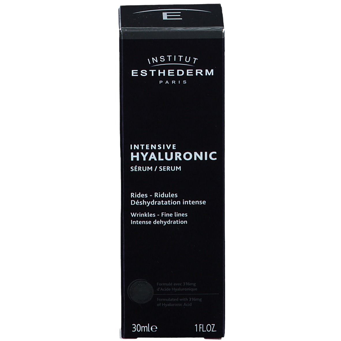 Scatola con scritta: INSTITUT ESTHEDERM, INTENSIVE HYALURONIC SERUM. 30ml, 1 FL.OZ.