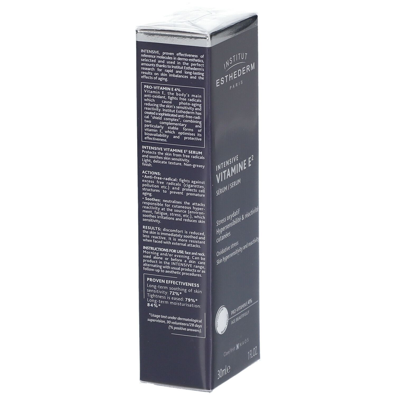 Scatola blu scuro, vista laterale con testo. Contiene informazioni sugli ingredienti e l'uso. Marchio: INSTITUT ESTHEDERM.