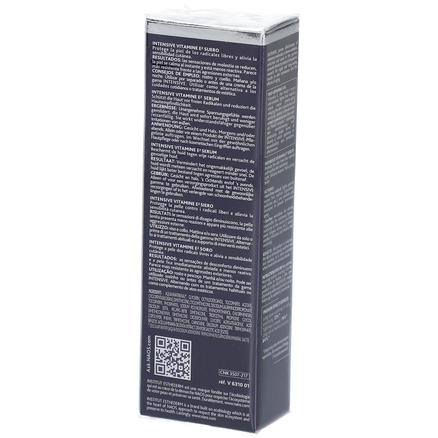 Scatola blu scuro, vista laterale con testo in diverse lingue. Marchio: INSTITUT ESTHEDERM.