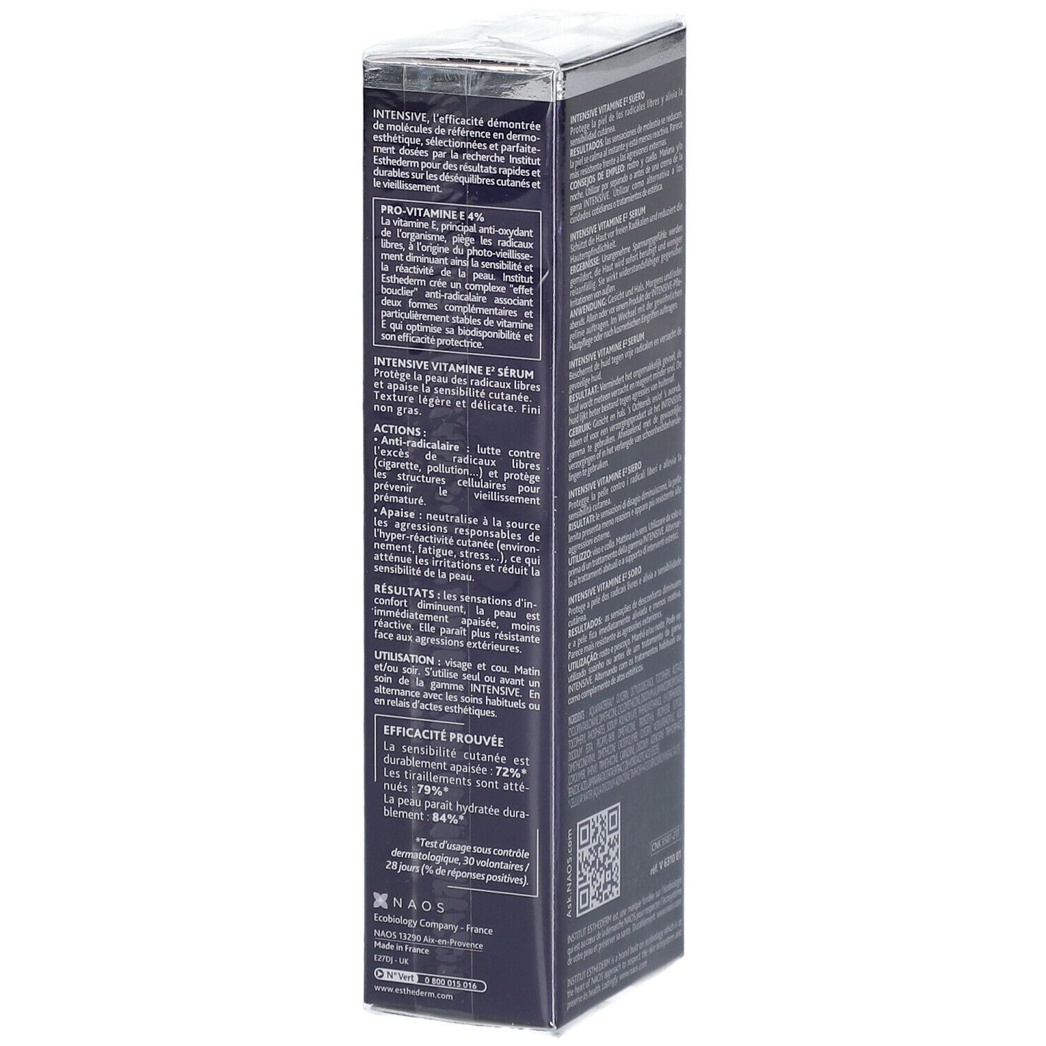 Scatola blu scuro, vista laterale con testo in diverse lingue. Marchio: INSTITUT ESTHEDERM.