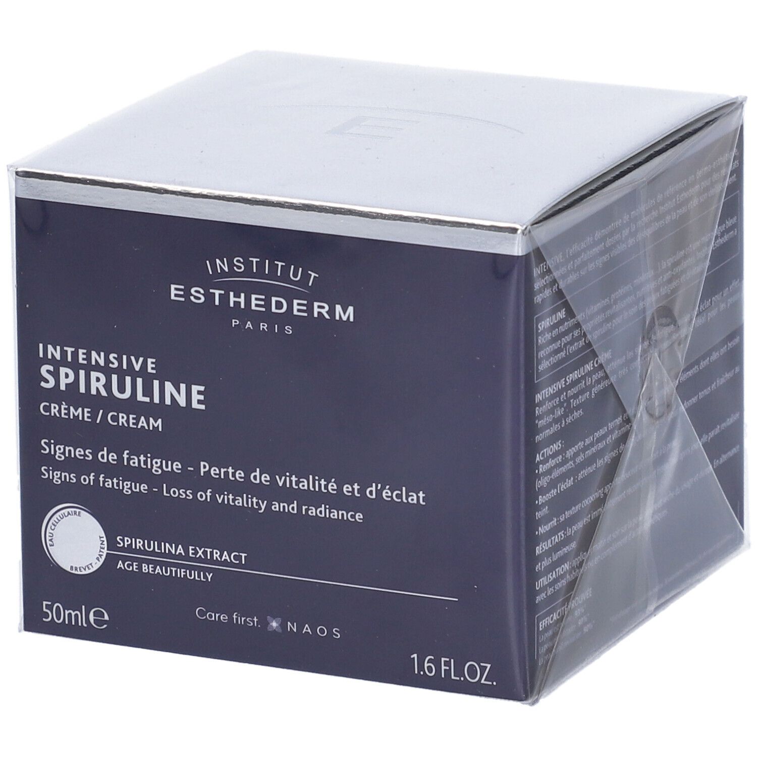 Confezione di crema. Scatola quadrata, coperchio argentato. Scritta: Institut Esthederm, Intensive Spiruline. Testo in francese e inglese.