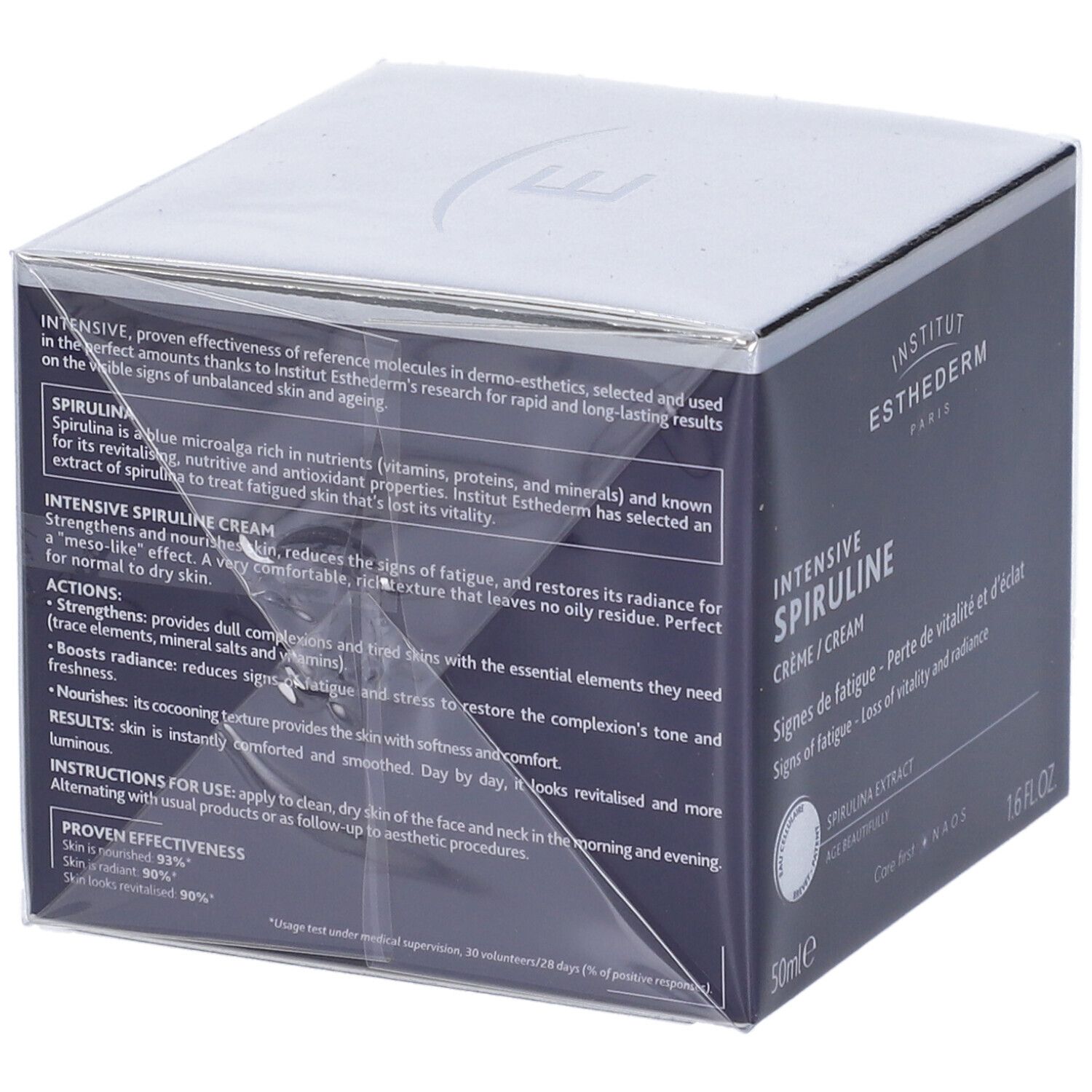 Confezione di crema. Scatola quadrata, coperchio argentato. Testo in francese e inglese. Scritta: Institut Esthederm, Intensive Spiruline.