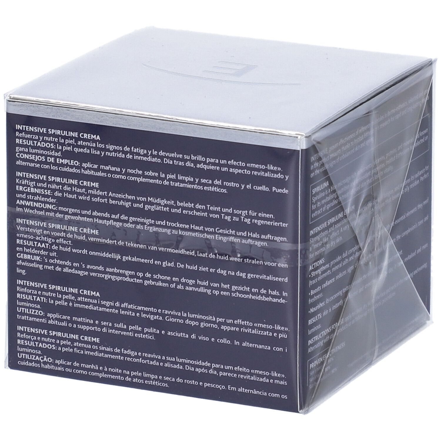 Confezione di crema. Scatola quadrata, coperchio argentato. Testo in francese, spagnolo, italiano. Scritta: Institut Esthederm, Spiruline.