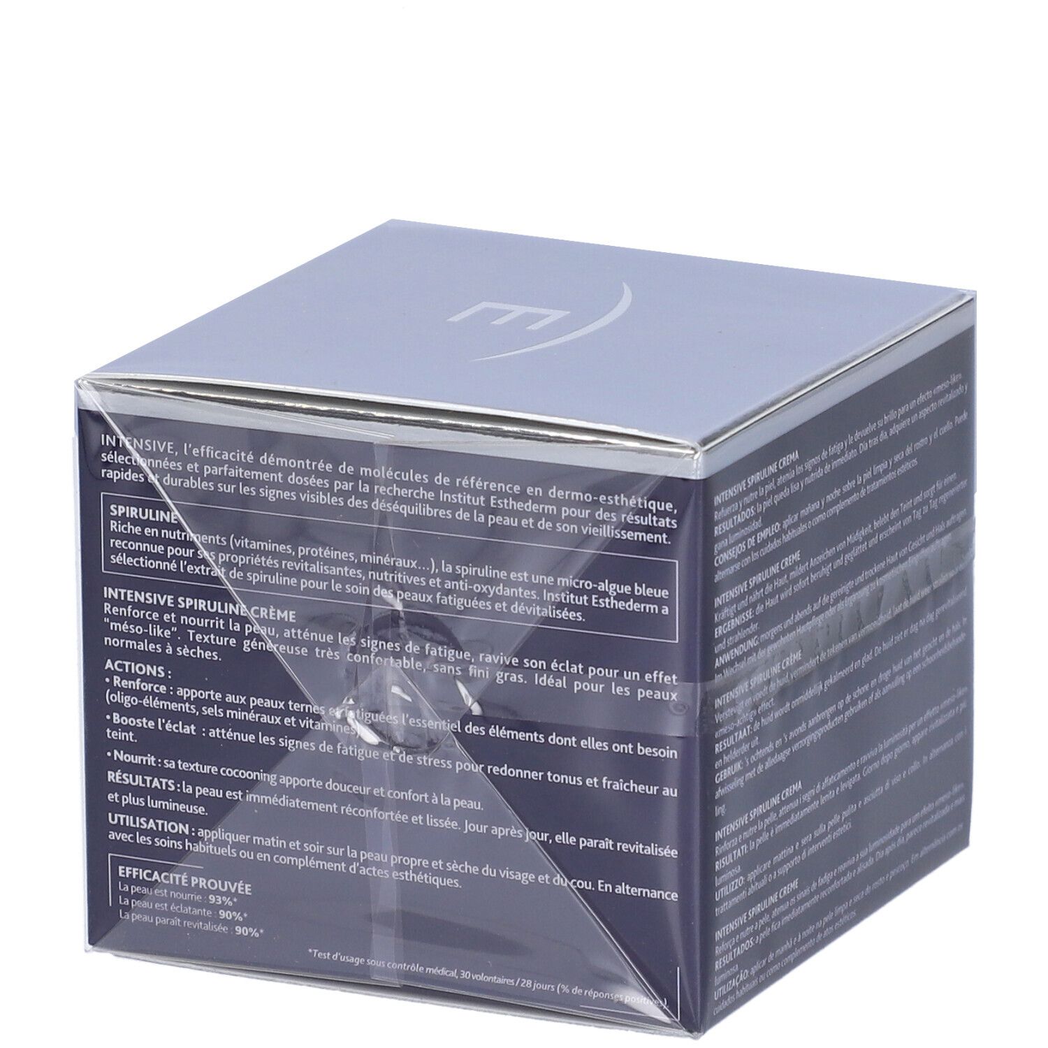 Confezione di crema. Scatola quadrata, coperchio argentato. Testo in francese e inglese. Scritta: Institut Esthederm, Spiruline.