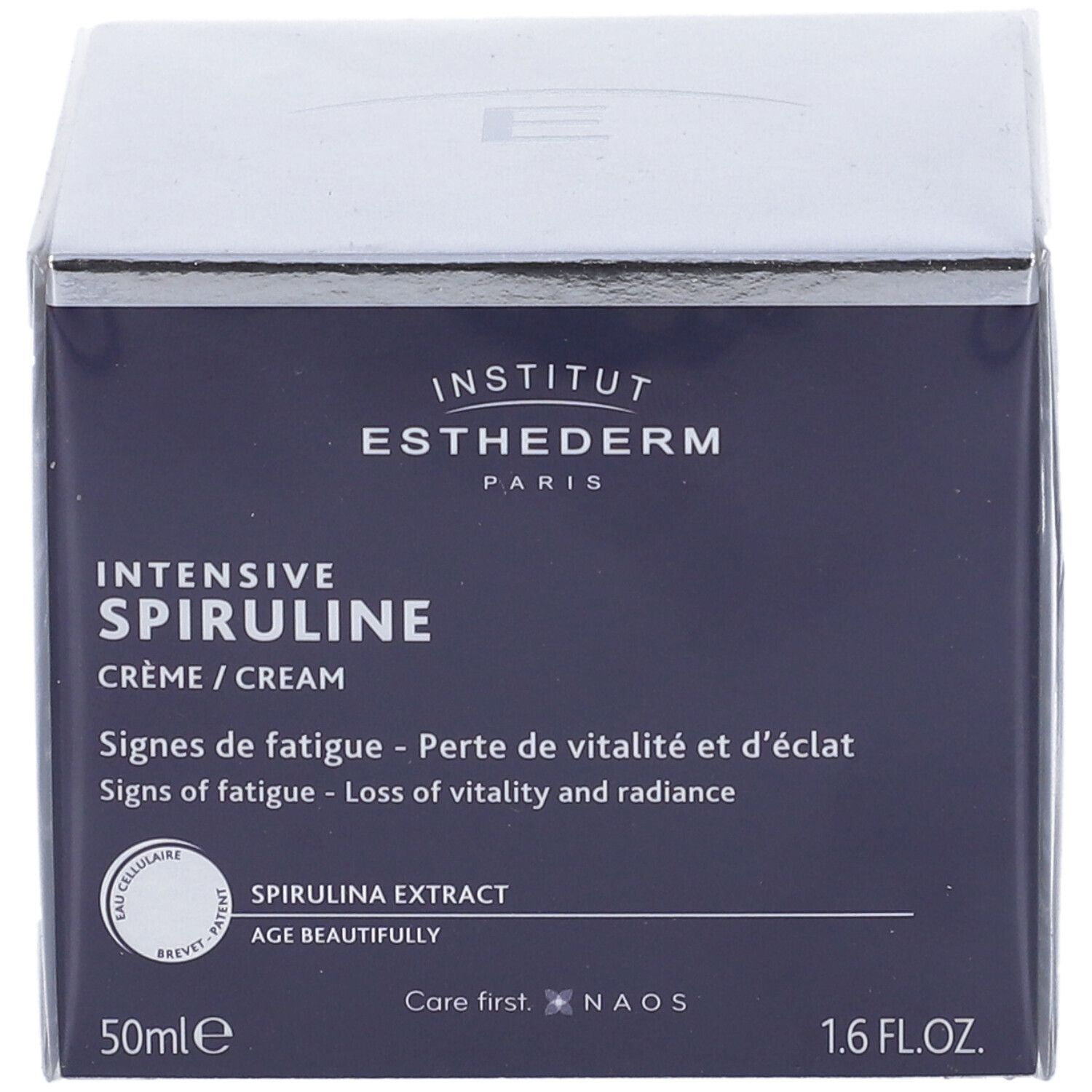Confezione di crema. Scatola quadrata, coperchio argentato. Scritta: Institut Esthederm, Intensive Spiruline. Testo in francese e inglese.