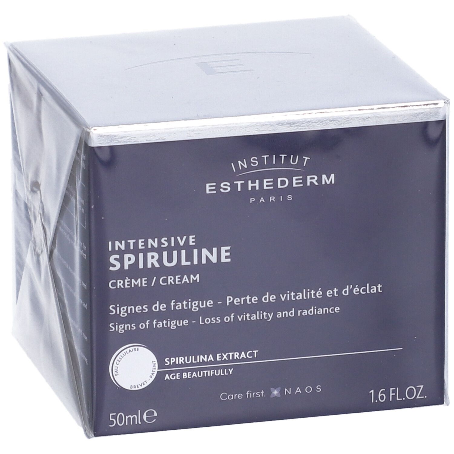 Confezione di crema. Scatola quadrata, coperchio argentato. Scritta: Institut Esthederm, Intensive Spiruline. Testo in francese e inglese.