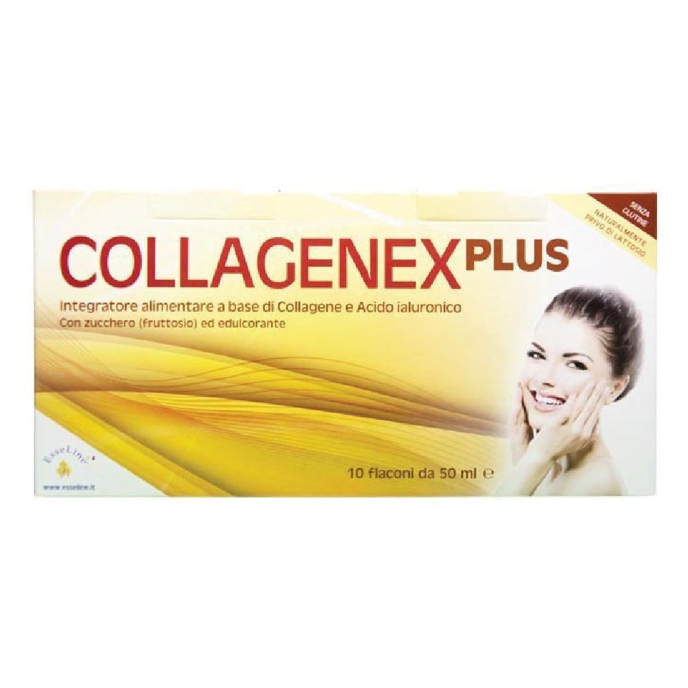 Scatola "Collagenex Plus" con 10 flaconi. Scritto: "Integratore alimentare a base di Collagene e Acido ialuronico". Immagine di donna.