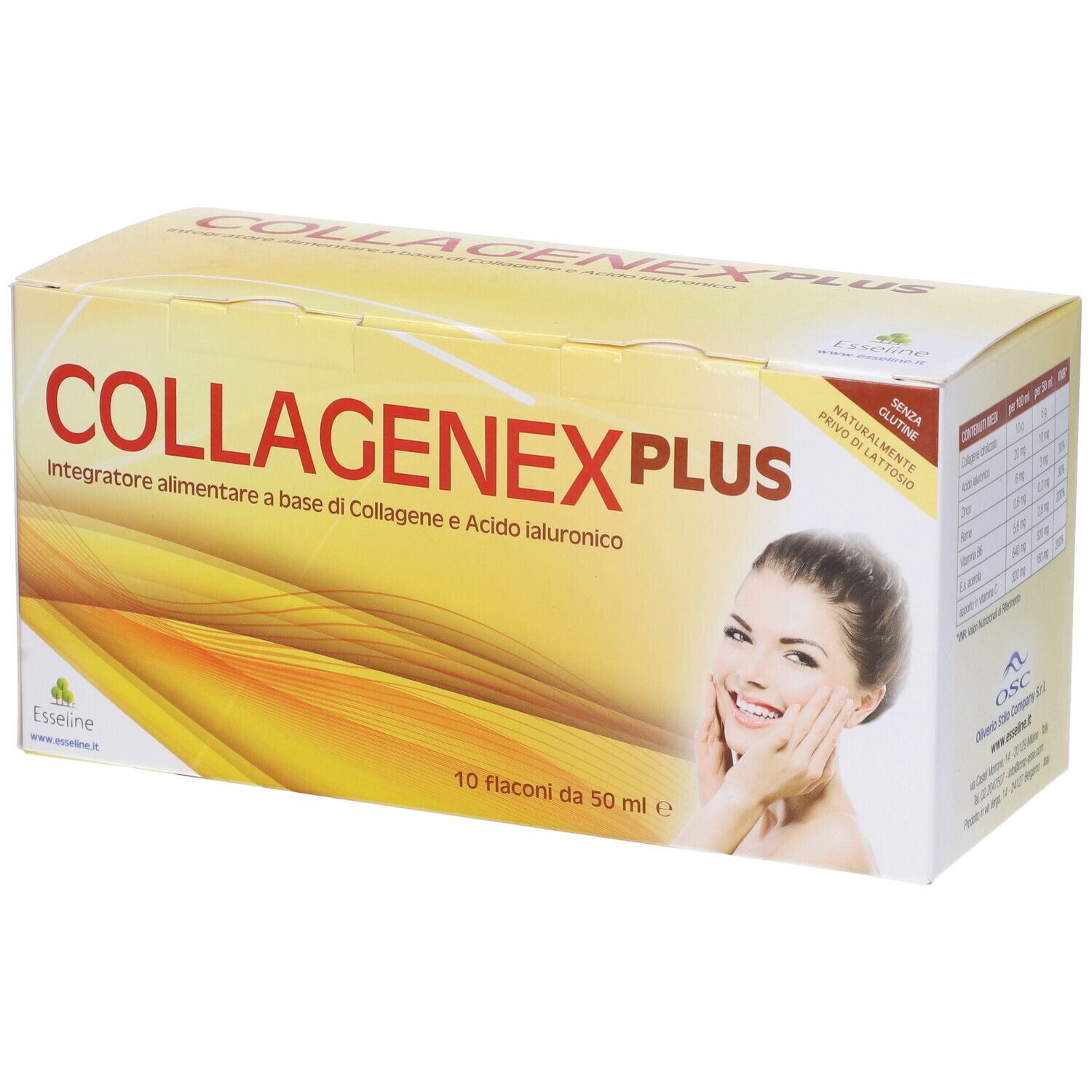 Scatola "Collagenex Plus" con 10 flaconi. Scritto: "Integratore alimentare a base di Collagene e Acido ialuronico". Immagine di donna.