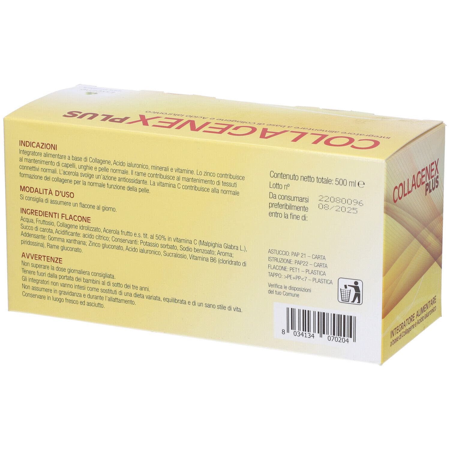 Retro della scatola "Collagenex Plus". Contiene informazioni su ingredienti, uso e valori nutrizionali. Testo in italiano.