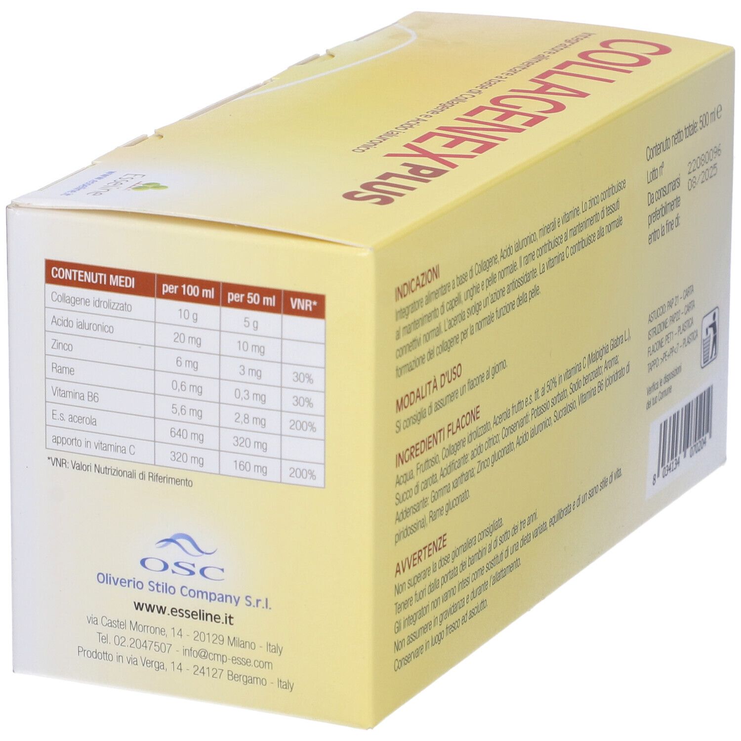 Retro della scatola "Collagenex Plus". Contiene informazioni nutrizionali e informazioni. Testo in italiano.