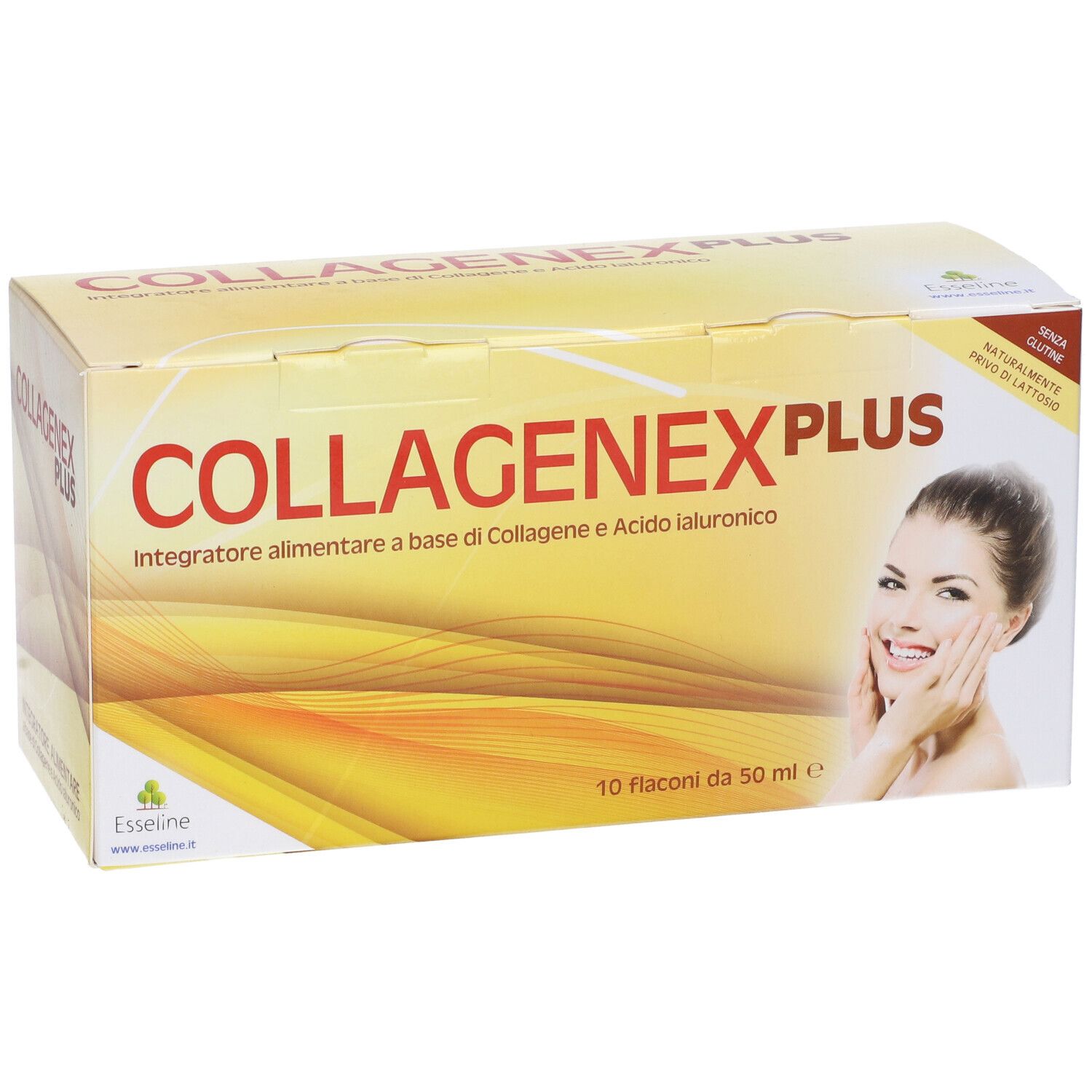 Scatola "Collagenex Plus" con 10 flaconi. Scritto: "Integratore alimentare a base di Collagene e Acido ialuronico". Immagine di donna.