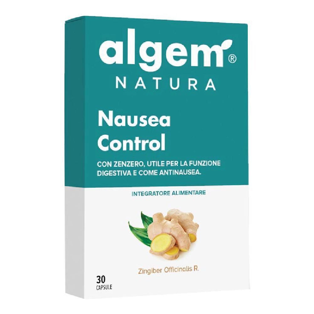Scatola Algem Natura Nausea Control. Scritto: Nausea Control, 30 capsule. Immagine di zenzero.