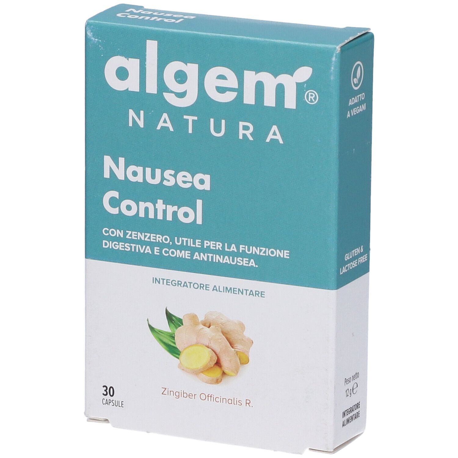 Scatola Algem Natura Nausea Control. Scritto: Nausea Control, 30 capsule. Illustrazione di zenzero. Senza glutine e lattosio.