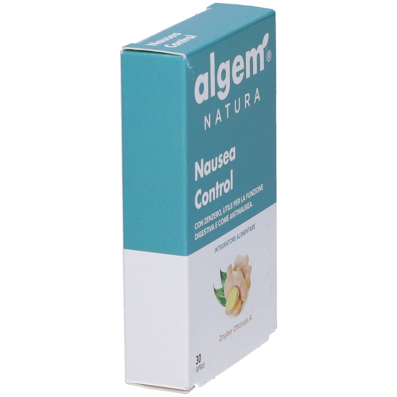 Scatola Algem Natura Nausea Control. Scritto: Nausea Control, 30 capsule. Illustrazione di zenzero. Senza glutine e lattosio.