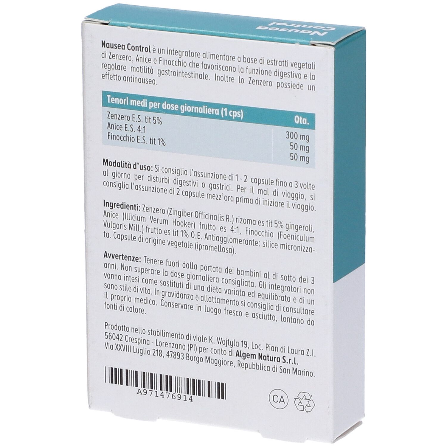 Retro della confezione Algem Natura Nausea Control. Testo con ingredienti e dosaggio. Sigillo CA.