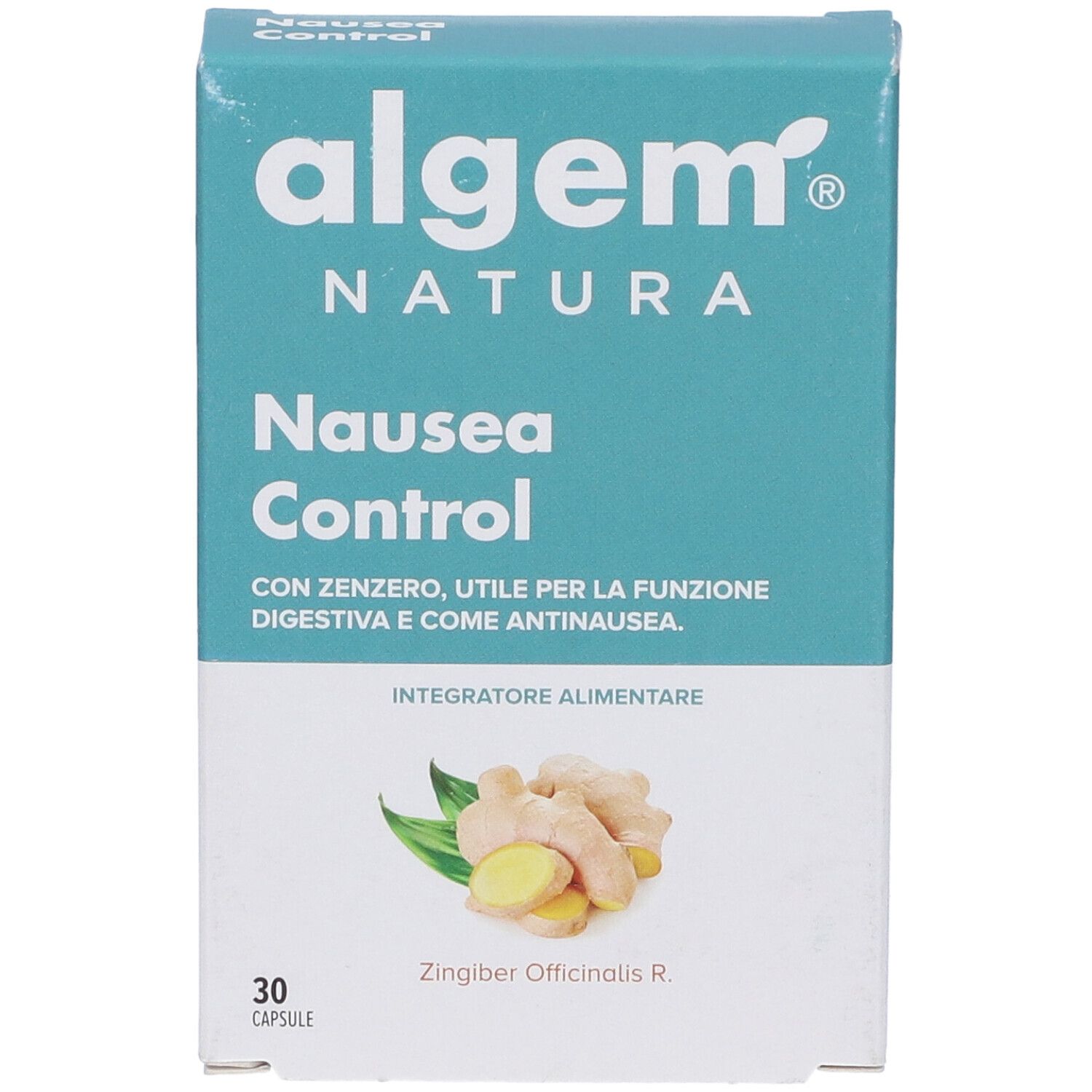 Scatola Algem Natura Nausea Control. Scritto: Nausea Control, 30 capsule. Immagine di zenzero.