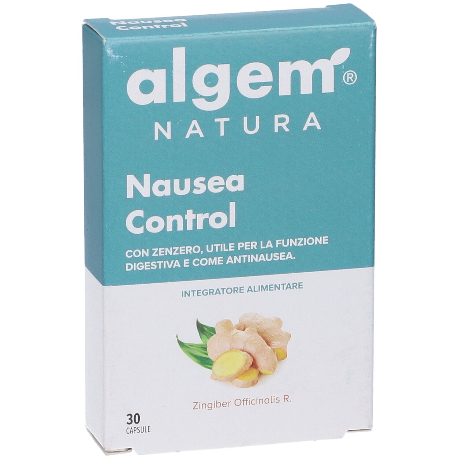 Scatola Algem Natura Nausea Control. Scritto: Nausea Control, 30 capsule. Immagine di zenzero.