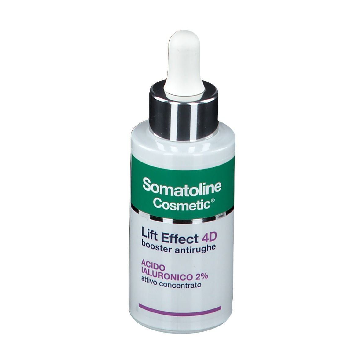 Flacone Somatoline Cosmetic®. Etichetta verde-bianca. Lift Effect 4D, booster antirughe. Contagocce.