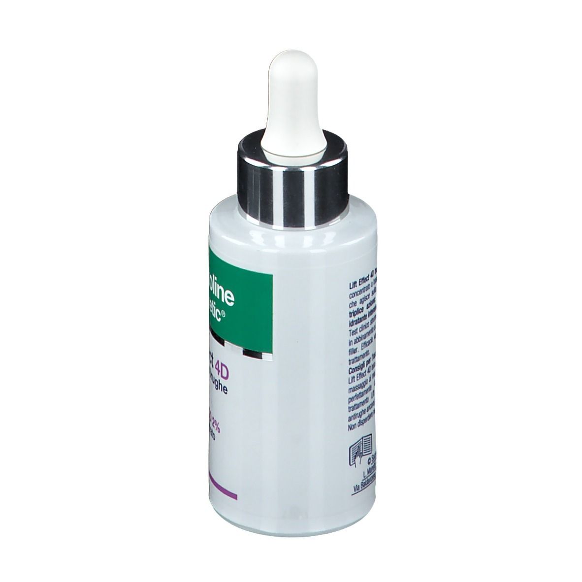 Flacone Somatoline Cosmetic®. Vista laterale. Etichetta verde-bianca. Informazioni e testo del prodotto.