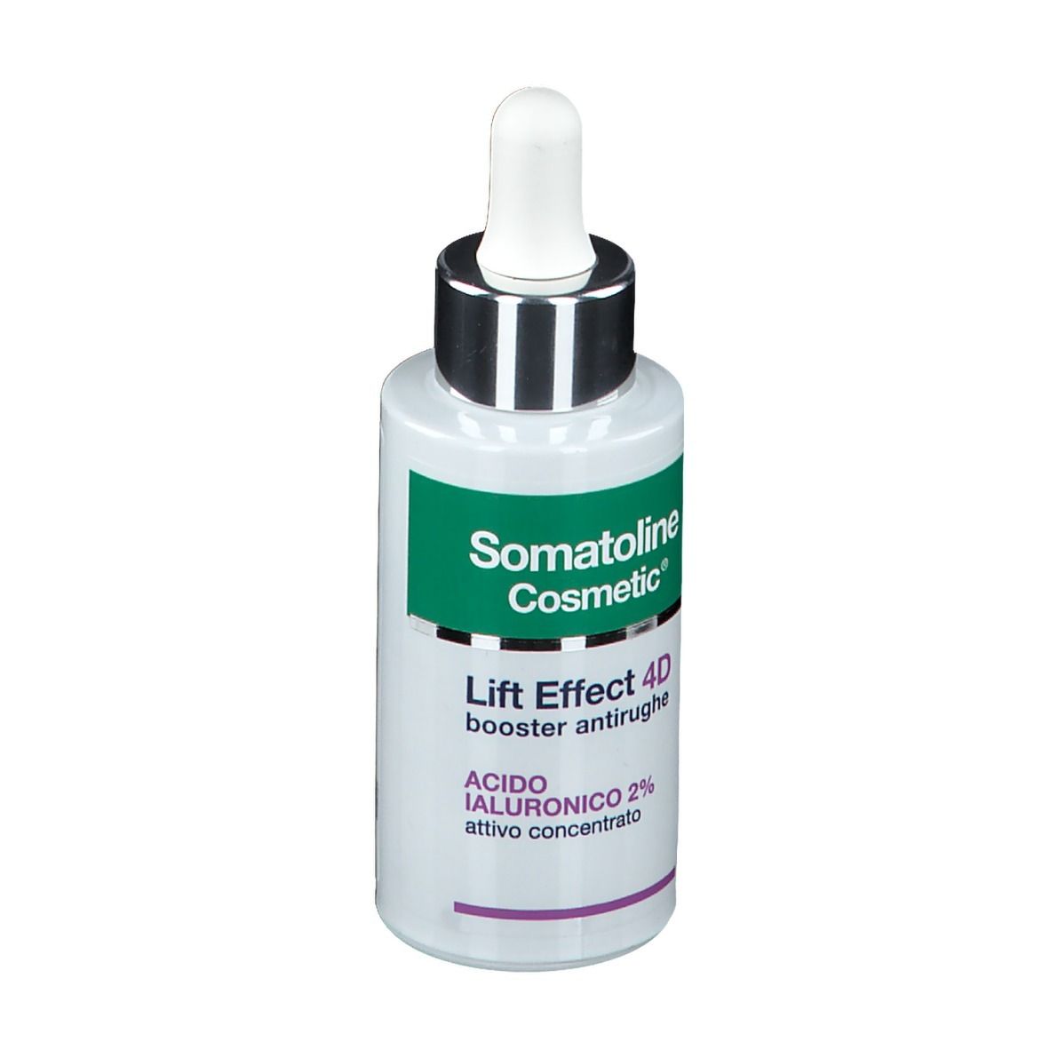 Flacone Somatoline Cosmetic®. Etichetta verde-bianca. Lift Effect 4D, booster antirughe. Contagocce.