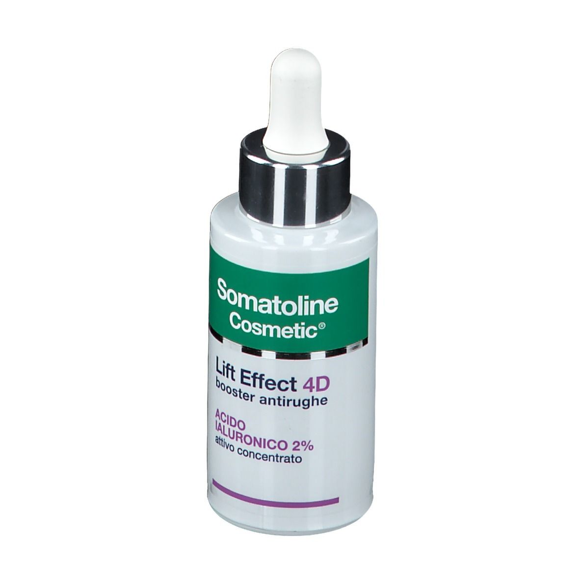 Flacone Somatoline Cosmetic®. Etichetta verde-bianca. Lift Effect 4D, booster antirughe. Contagocce.