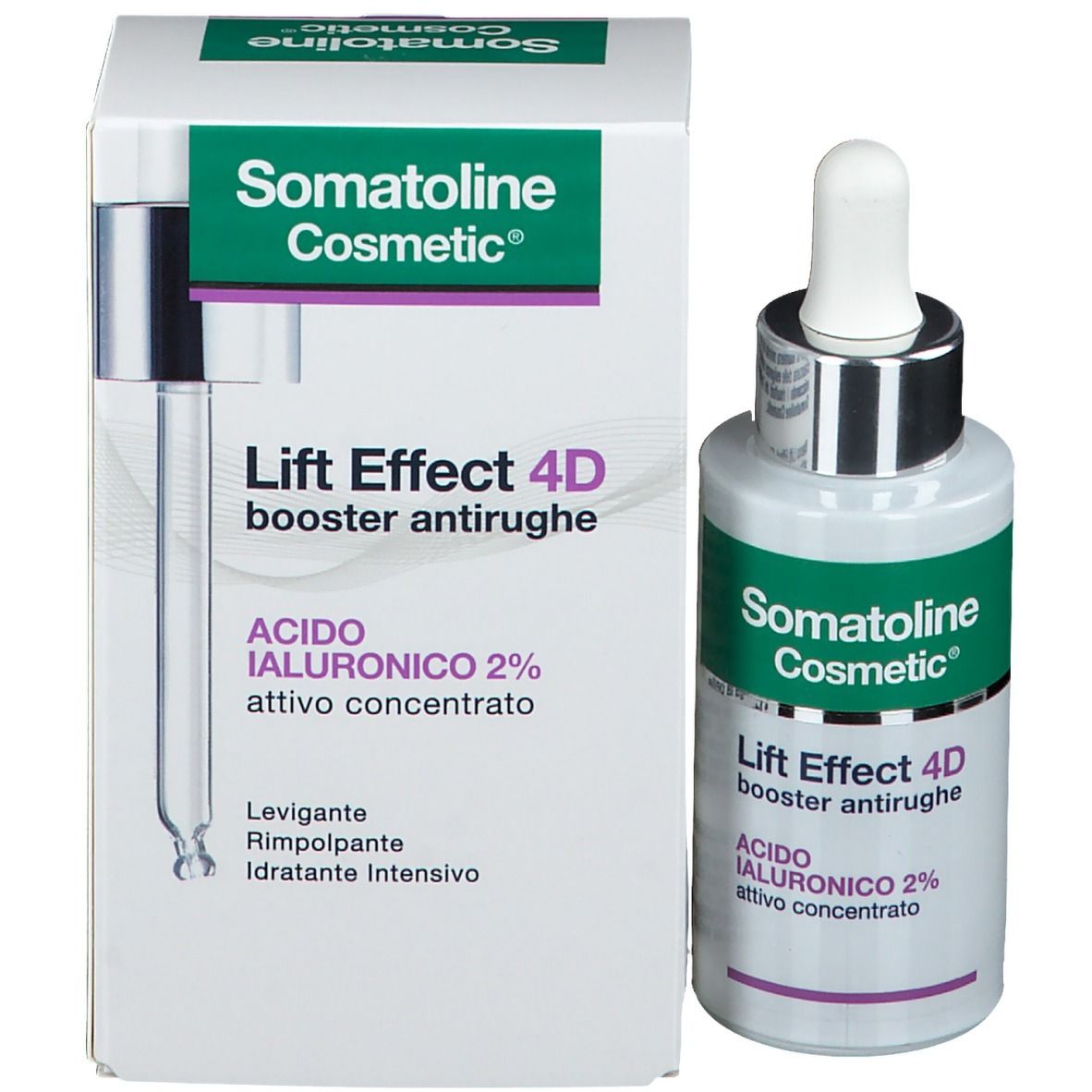 Prodotto Somatoline Cosmetic® con confezione. Flacone e scatola. Lift Effect 4D, booster antirughe.