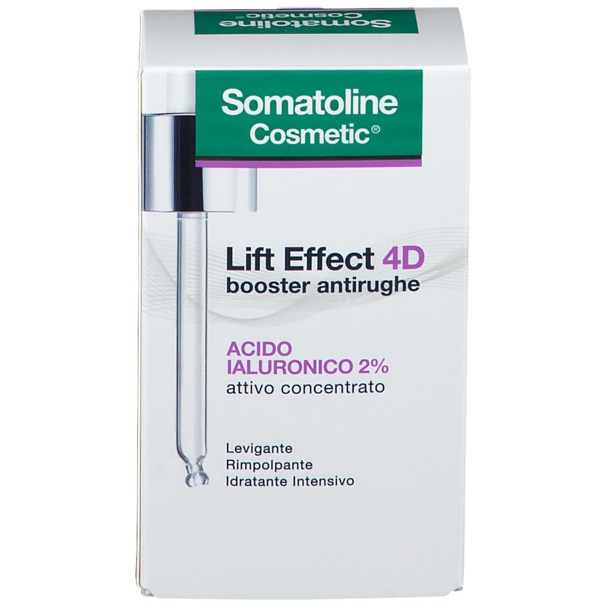 Confezione Somatoline Cosmetic®. Scatola con informazioni prodotto. Lift Effect 4D, booster antirughe.