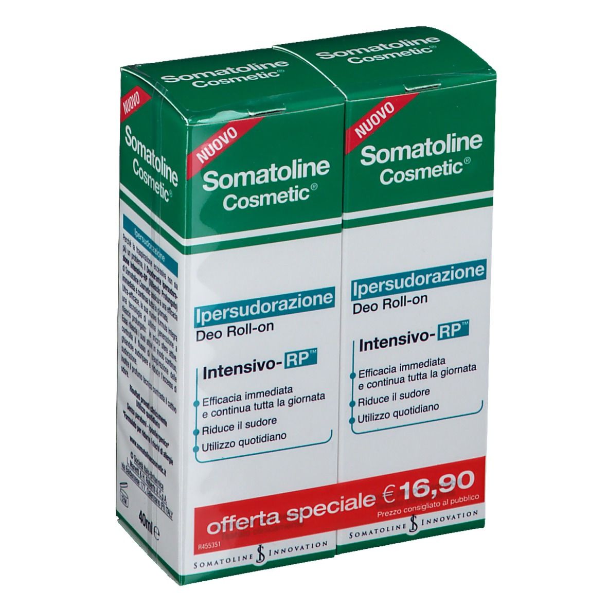 Due scatole di deodorante roll-on. Confezione verde con nome del prodotto e prezzo.