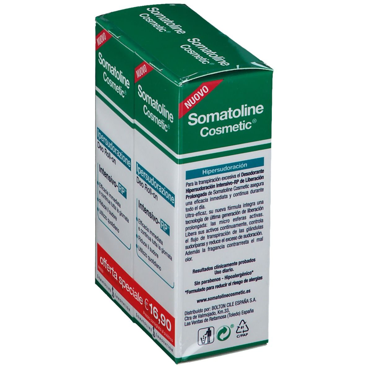 Scatola verde di deodorante roll-on. Nome del prodotto e informazioni sulla confezione.