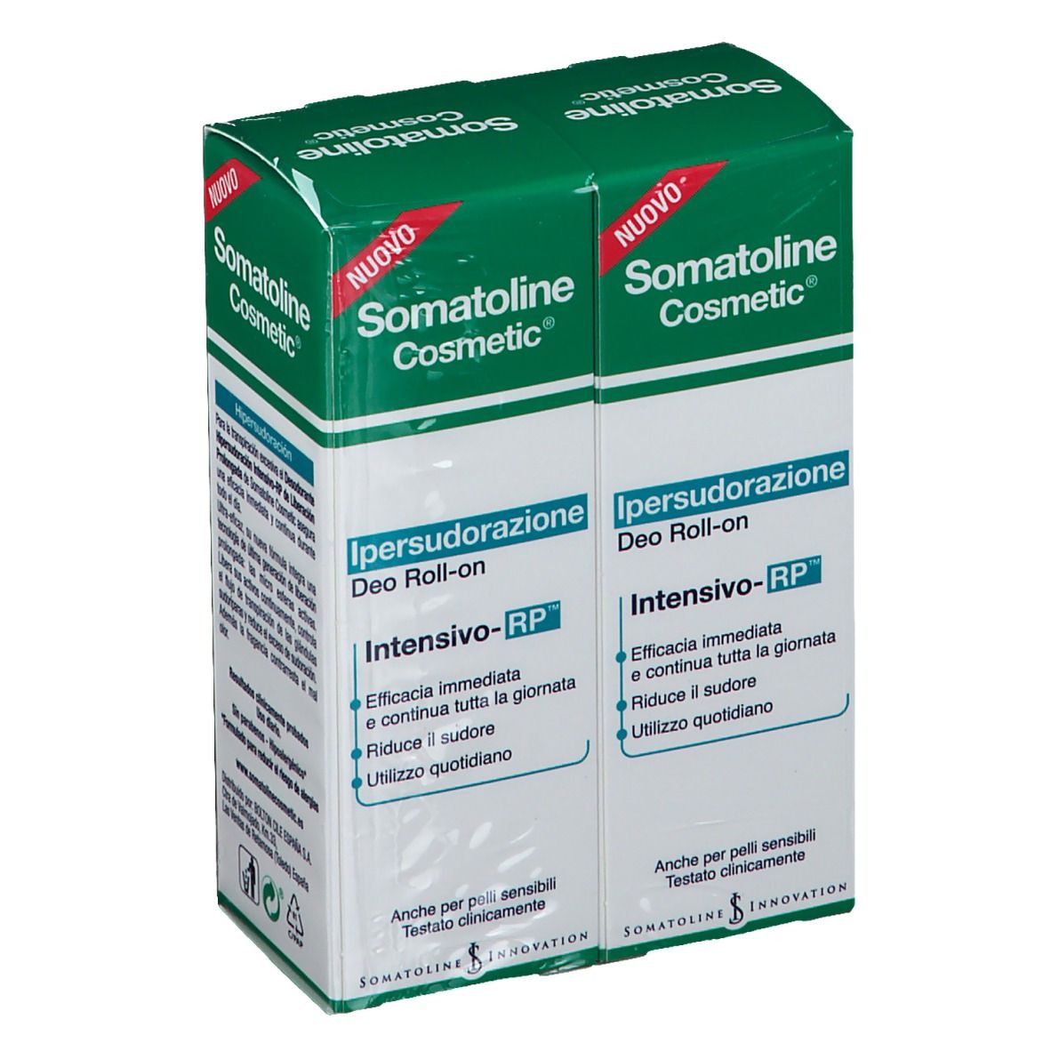 Due scatole verdi di deodorante roll-on. Nome del prodotto e informazioni sulla confezione.