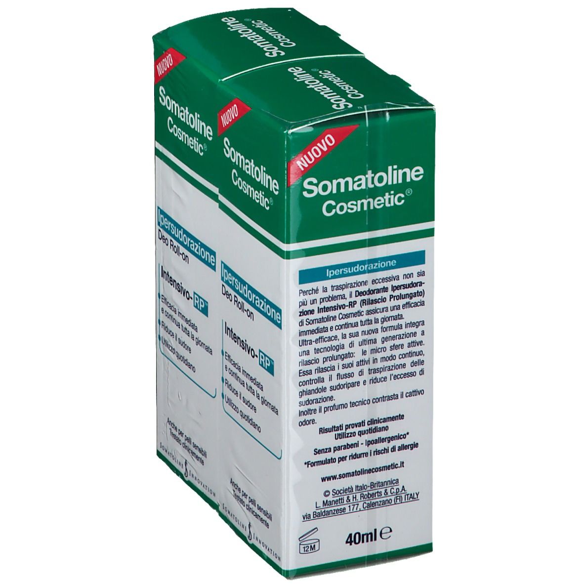 Scatola verde di deodorante roll-on. Nome del prodotto e informazioni sulla confezione.