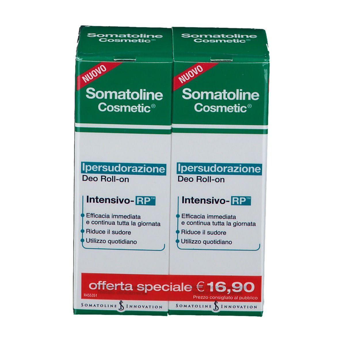 Due scatole verdi di deodorante roll-on. Nome del prodotto e prezzo sulla confezione.