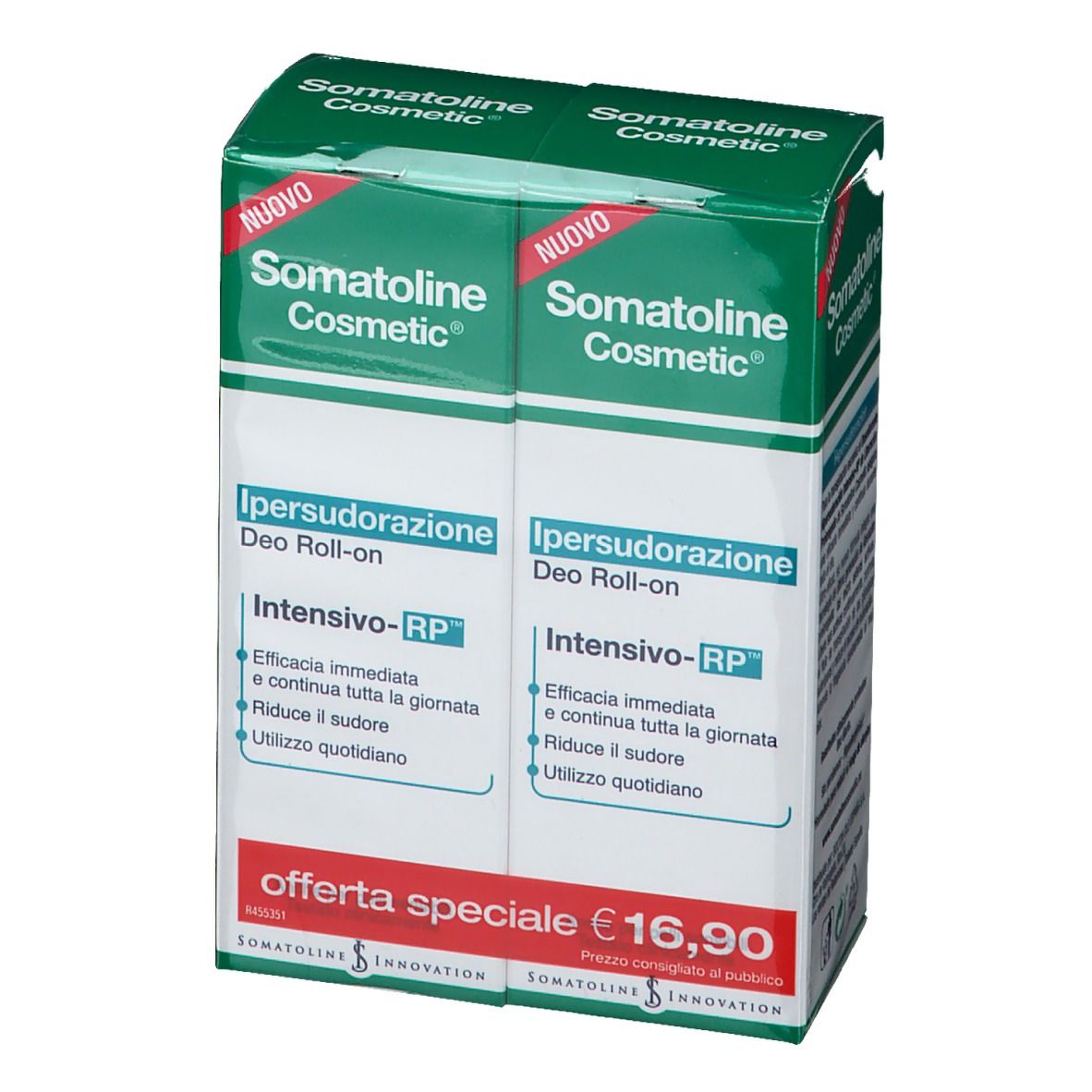 Due scatole verdi di deodorante roll-on. Nome del prodotto e prezzo sulla confezione.