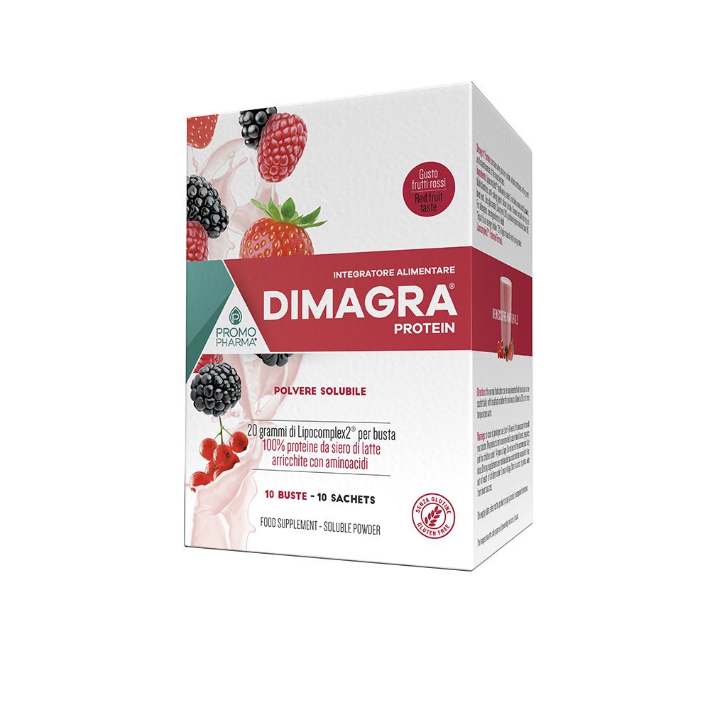 Scatola bianca Dimagra Protein. Illustrazione frutti rossi. Testo: 10 buste, 10 bustine. Integratore alimentare.