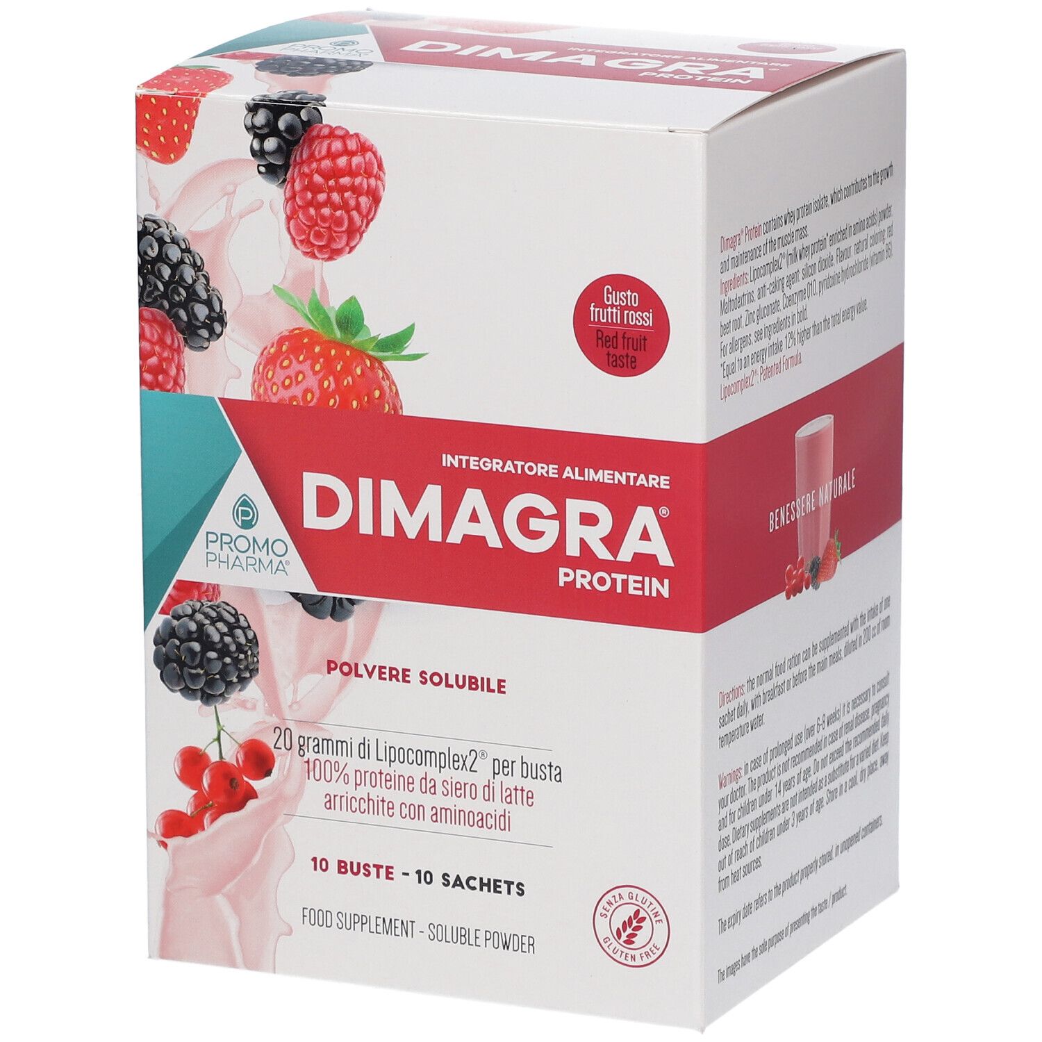 Scatola bianca Dimagra Protein. Illustrazione frutti rossi. Testo: 10 buste, 10 bustine. Integratore alimentare.