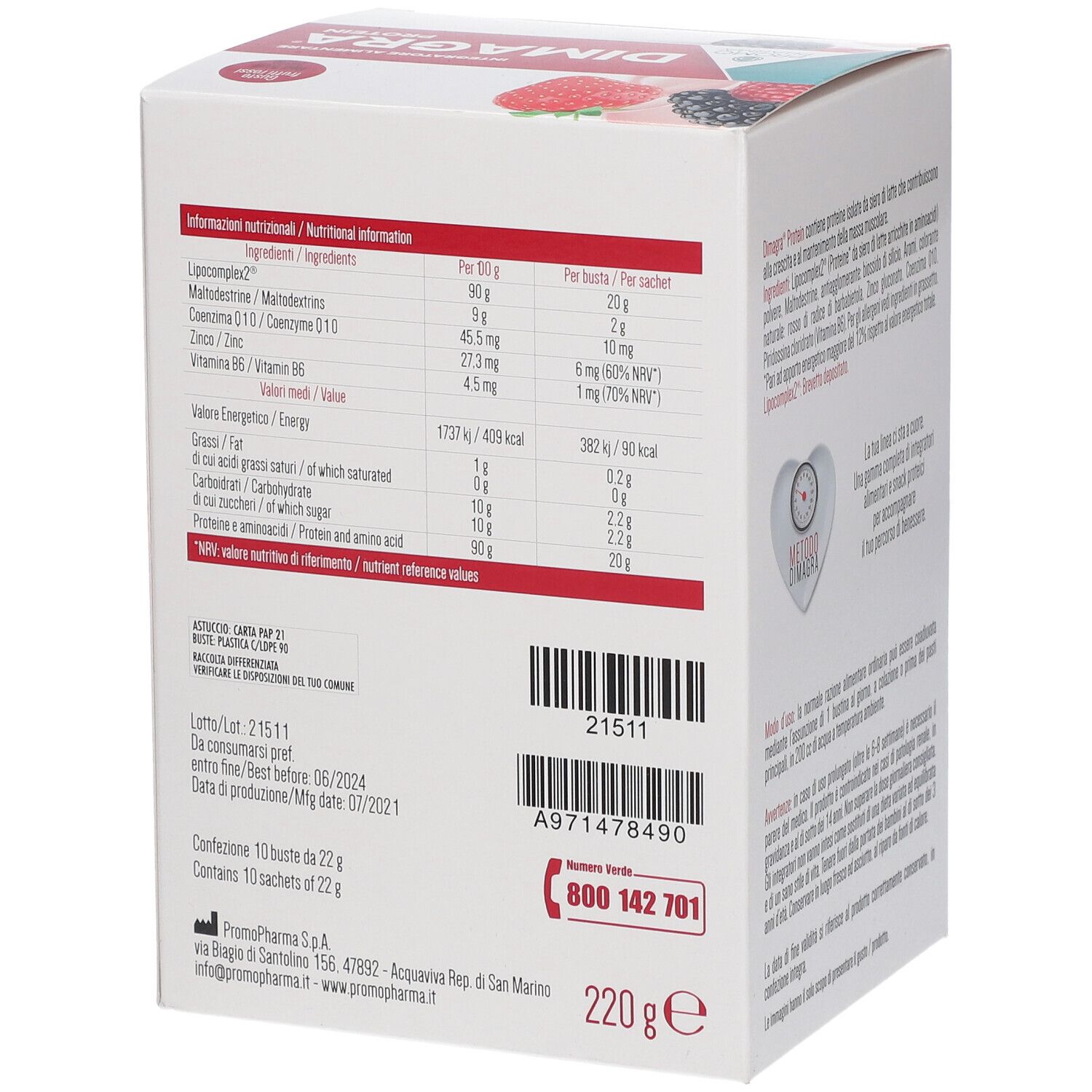 Retro scatola Dimagra Protein. Valori nutrizionali e contatti. Testo: 220 g.