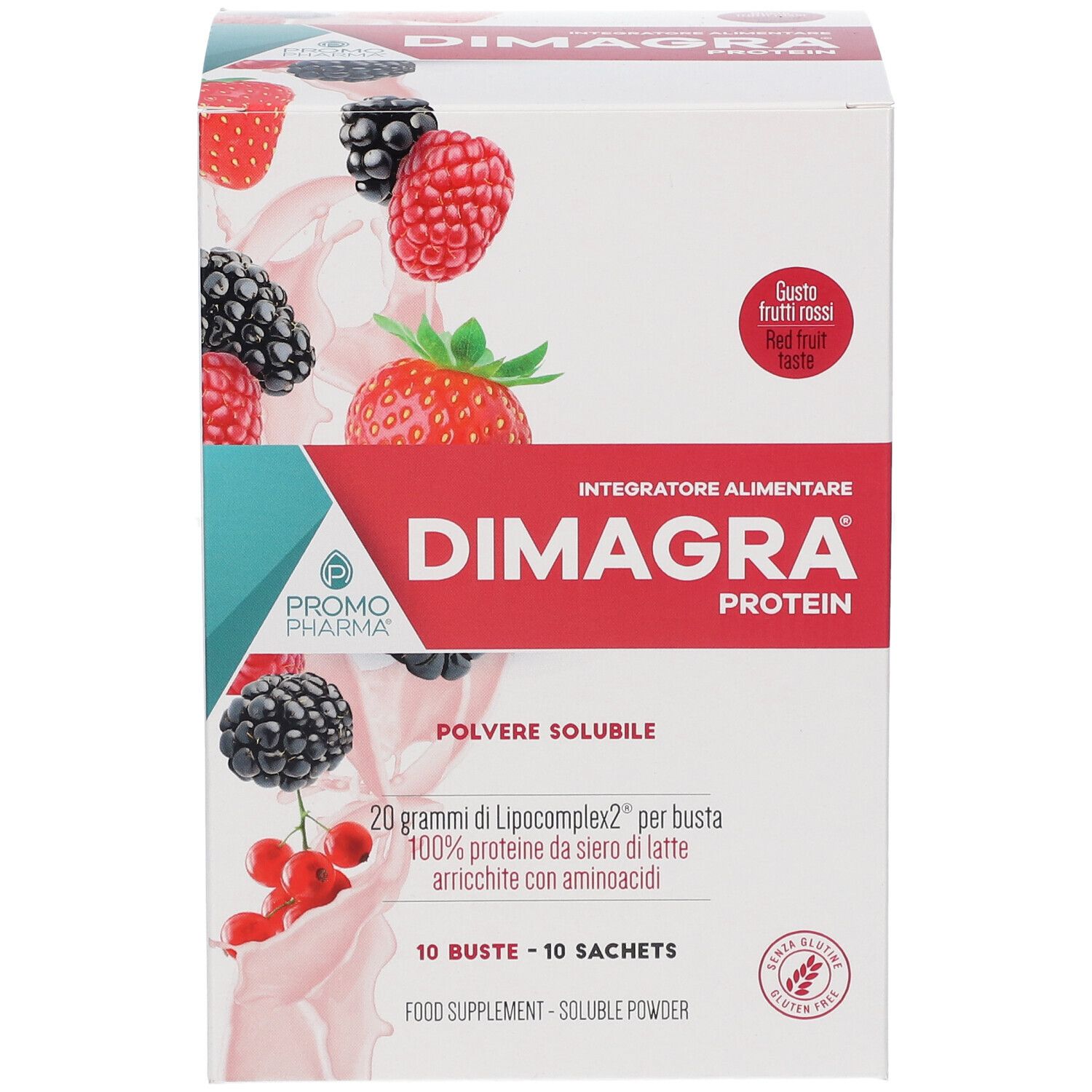 Scatola bianca Dimagra Protein. Illustrazione frutti rossi. Testo: 10 buste, 10 bustine. Integratore alimentare.