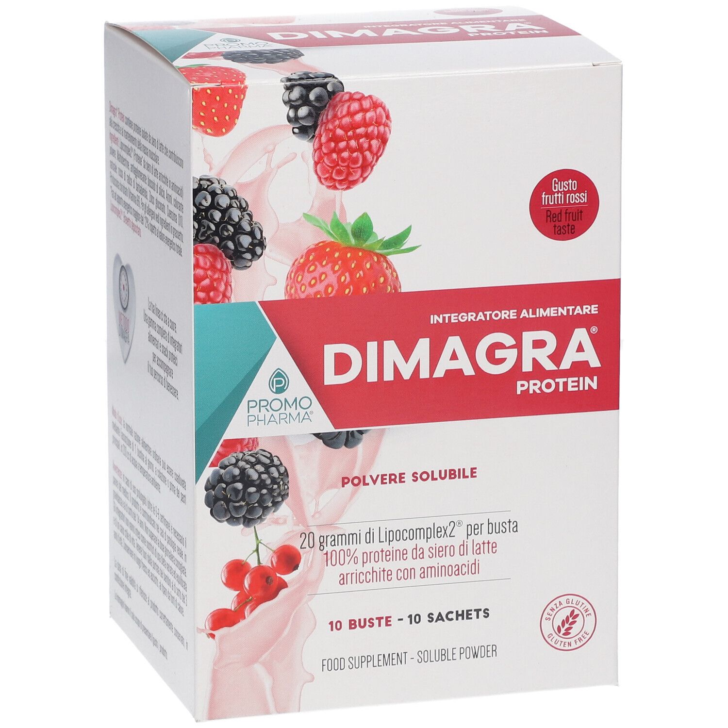 Scatola bianca Dimagra Protein. Illustrazione frutti rossi. Testo: 10 buste, 10 bustine. Integratore alimentare.
