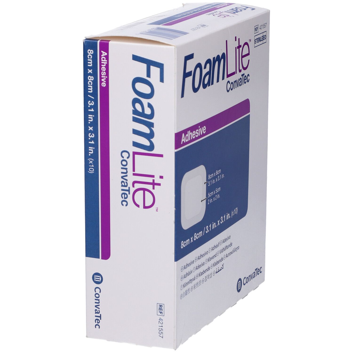 Confezione FoamLite Convatec, vista laterale. Cerotti quadrati, 8x8cm. Scritta: Adhesive.