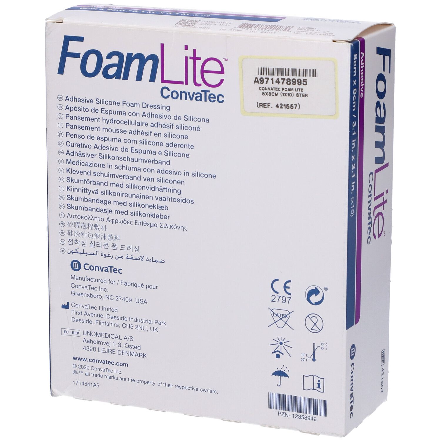 Retro della confezione FoamLite Convatec. Informazioni sul prodotto, marchio CE, indirizzo del produttore.