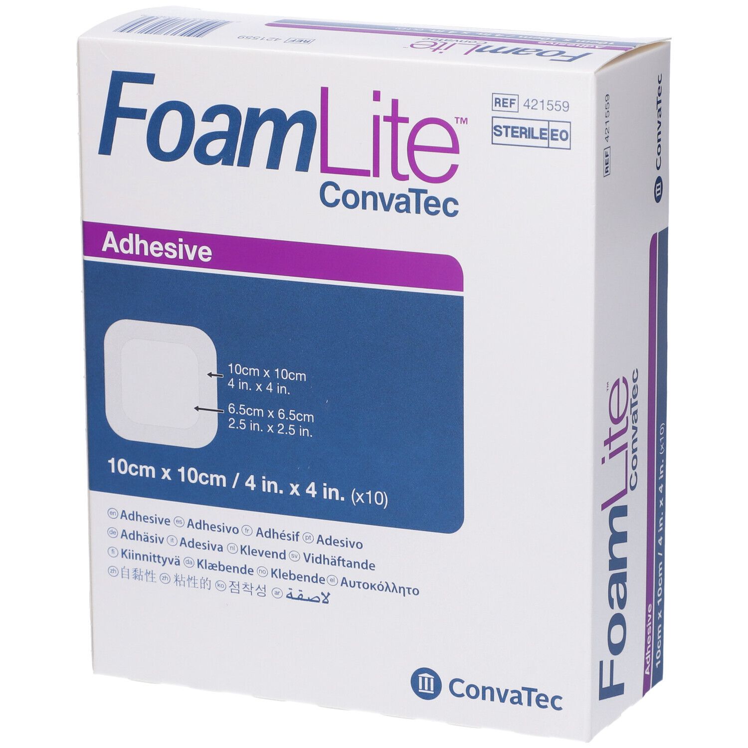 Confezione FoamLite, ConvaTec. Cerotti quadrati 10x10 cm. Scritta: Adhesive. Sterile.