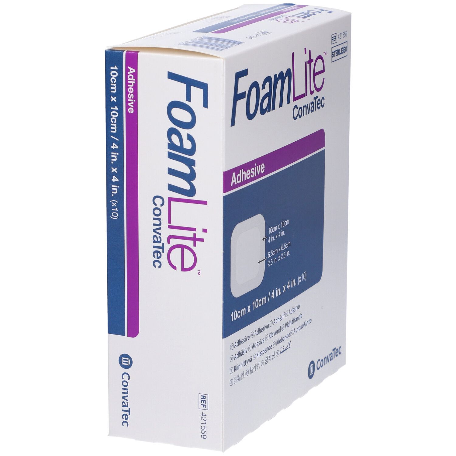 Confezione FoamLite ConvaTec. Scritta: Adhesive. Cerotti quadrati 10x10 cm. Sterile.