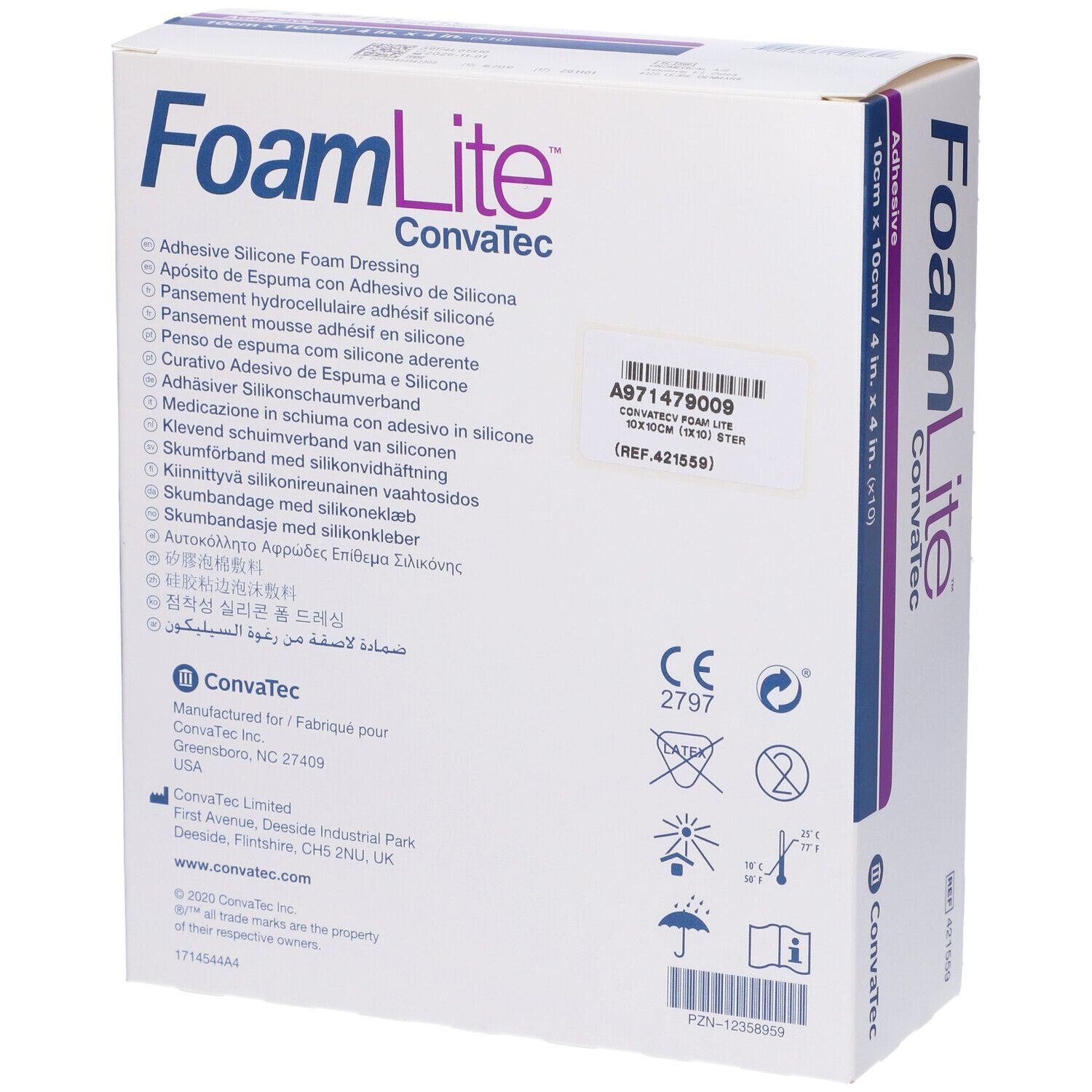Retro confezione FoamLite ConvaTec. Informazioni prodotto, marchio CE, numero di lotto.