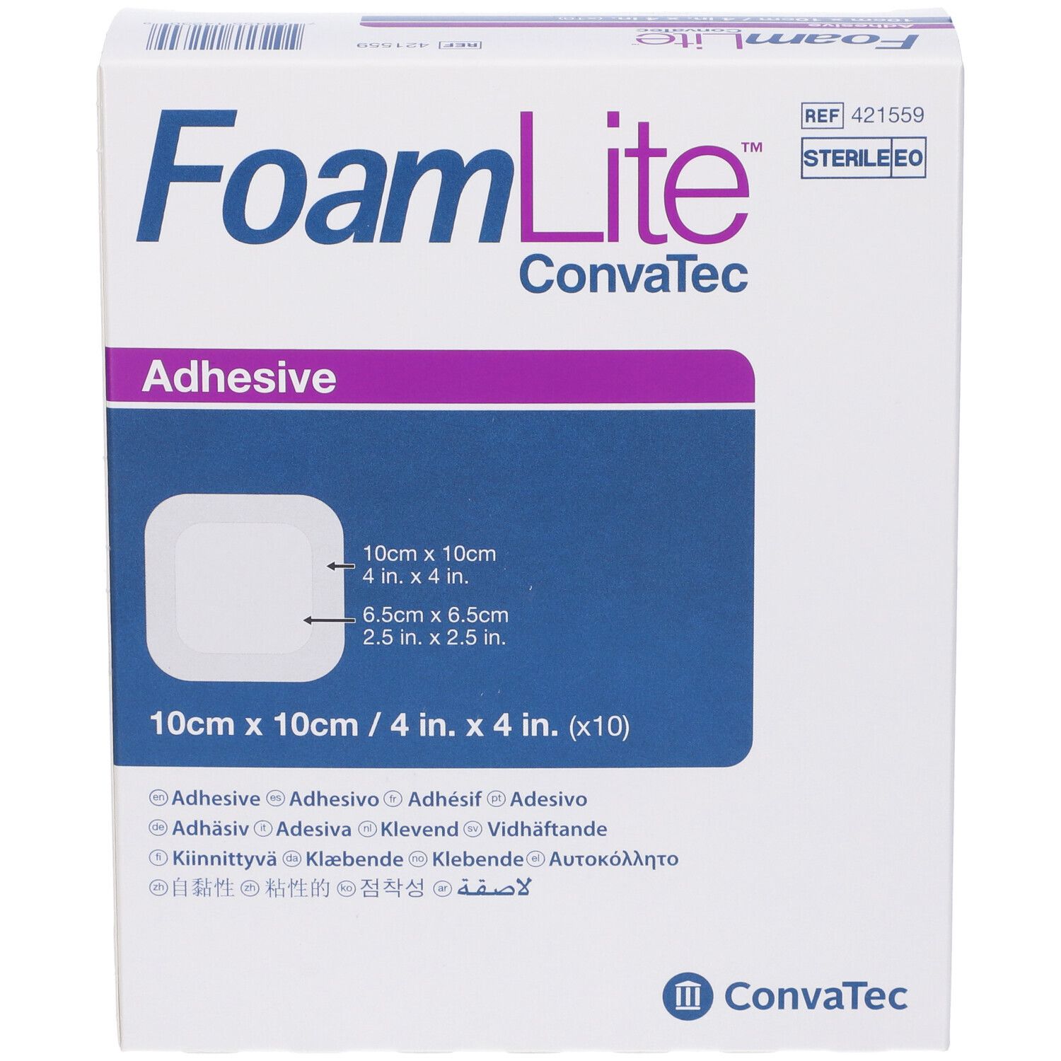 Confezione FoamLite ConvaTec. Cerotti quadrati 10x10 cm. Scritta: Adhesive. Sterile.