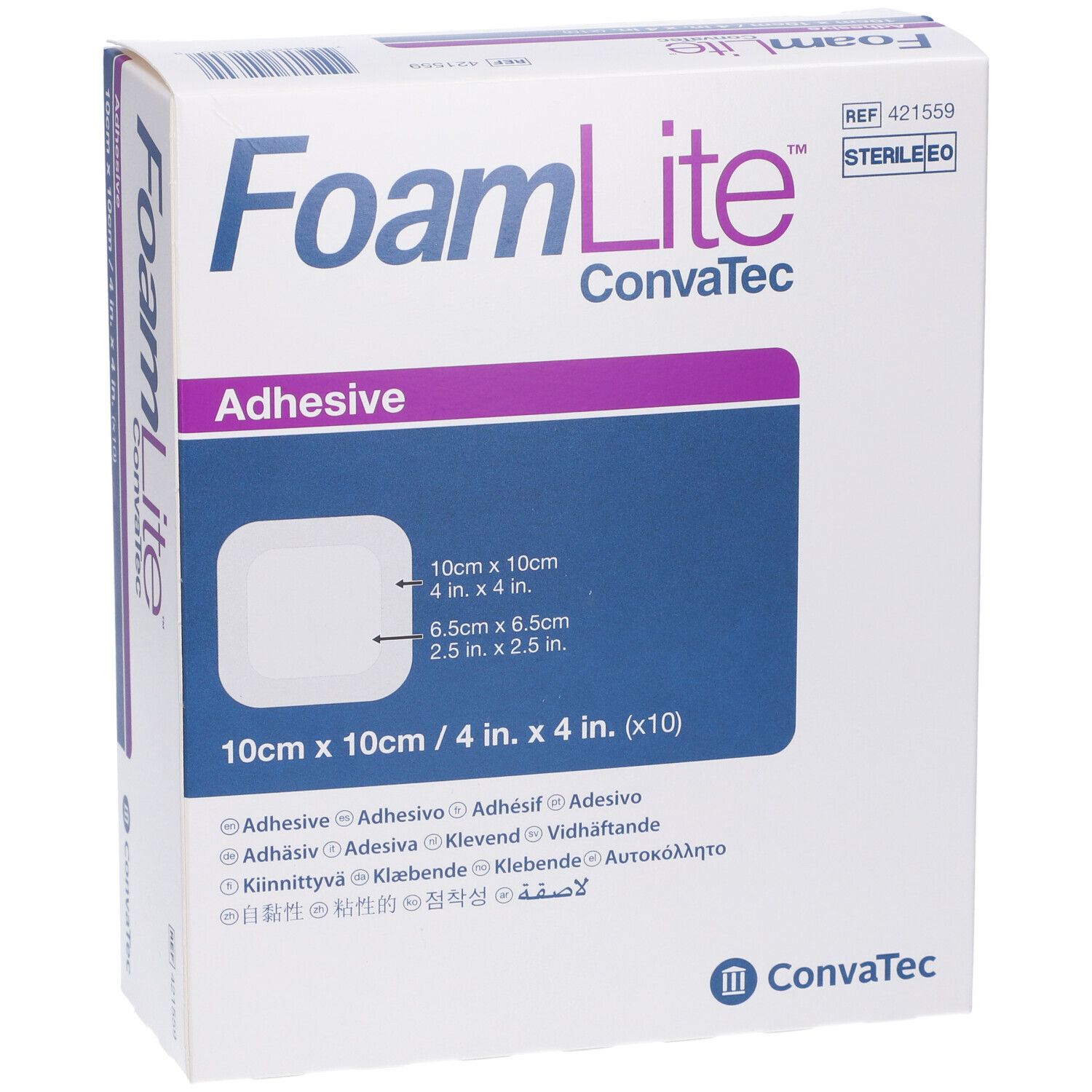 Confezione FoamLite ConvaTec. Cerotti quadrati 10x10 cm. Scritta: Adhesive. Sterile.